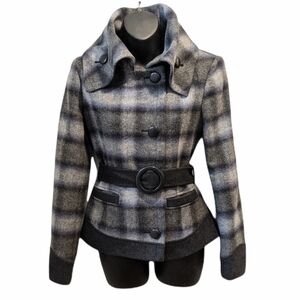 GUESS plaid wool blend belted jacket XS